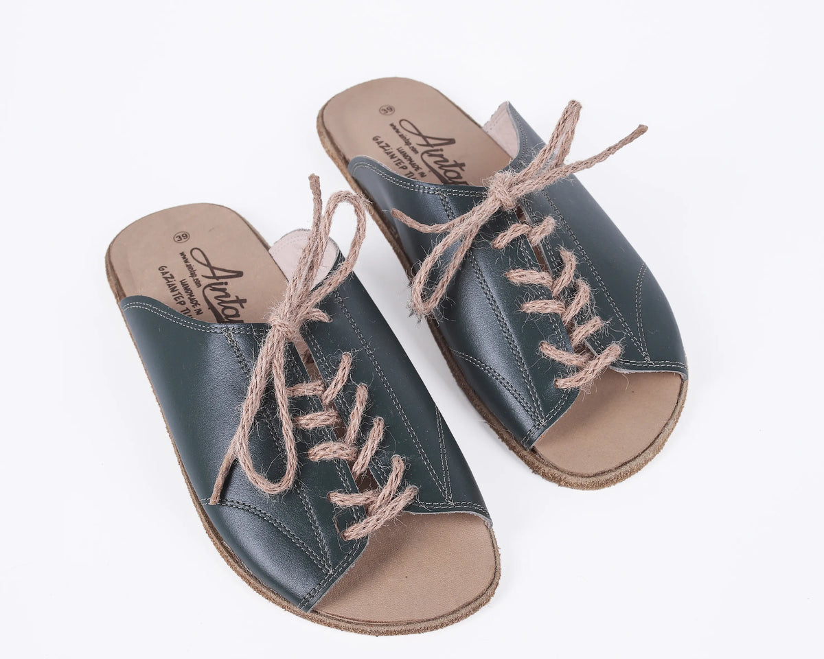 Smooth Barefoot Laces Sandals Shoes – Classic Sole — Leather Sole – Green