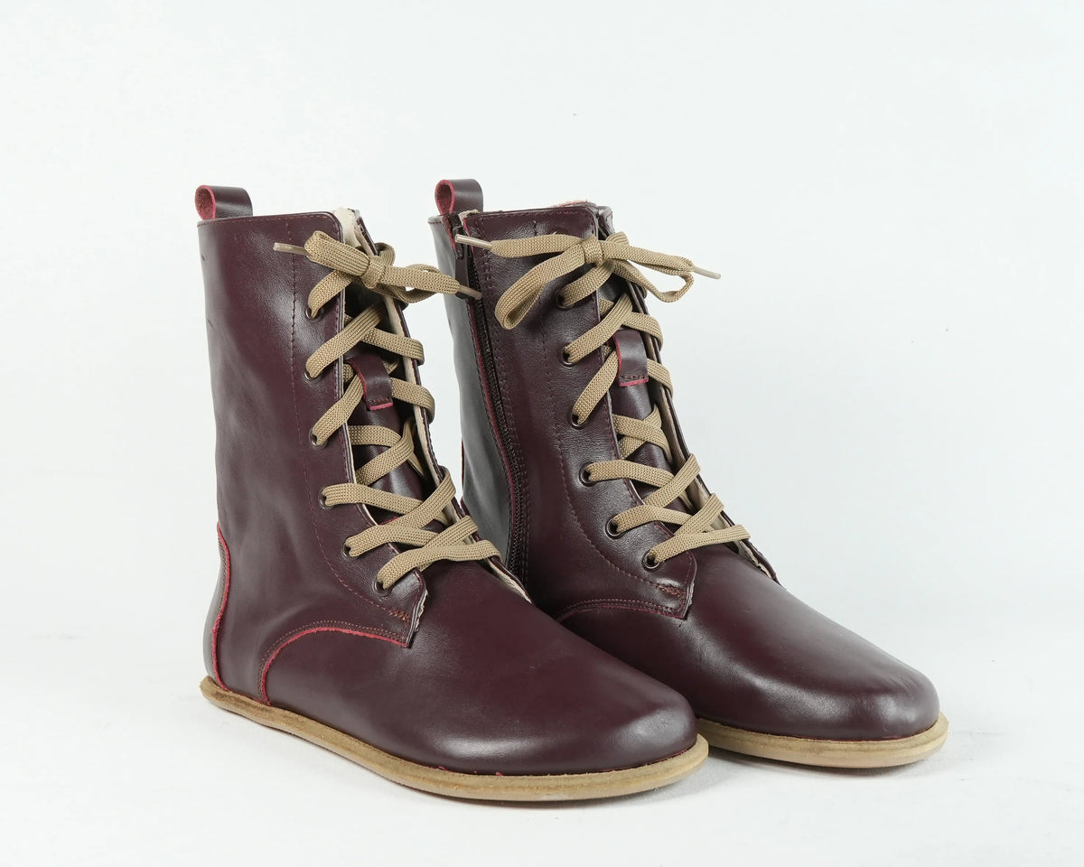 Smooth Barefoot Long Boots Shoes – Classic Sole — Leather Sole – Burgundy