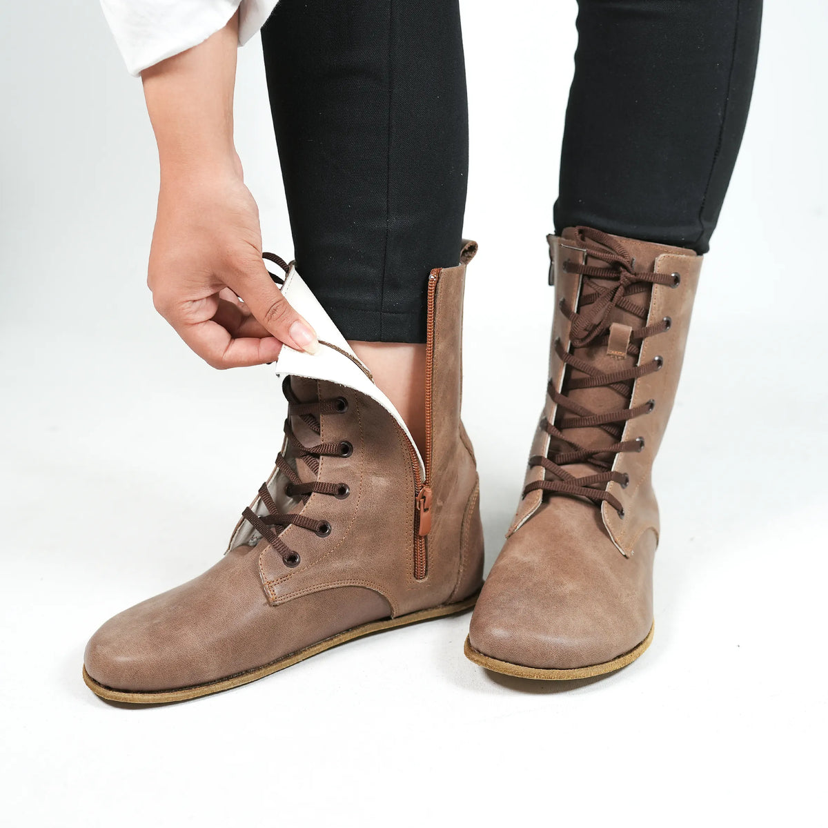 Crazy Barefoot Long Boots Shoes – Classic Sole — Leather Sole – Beige Bizon