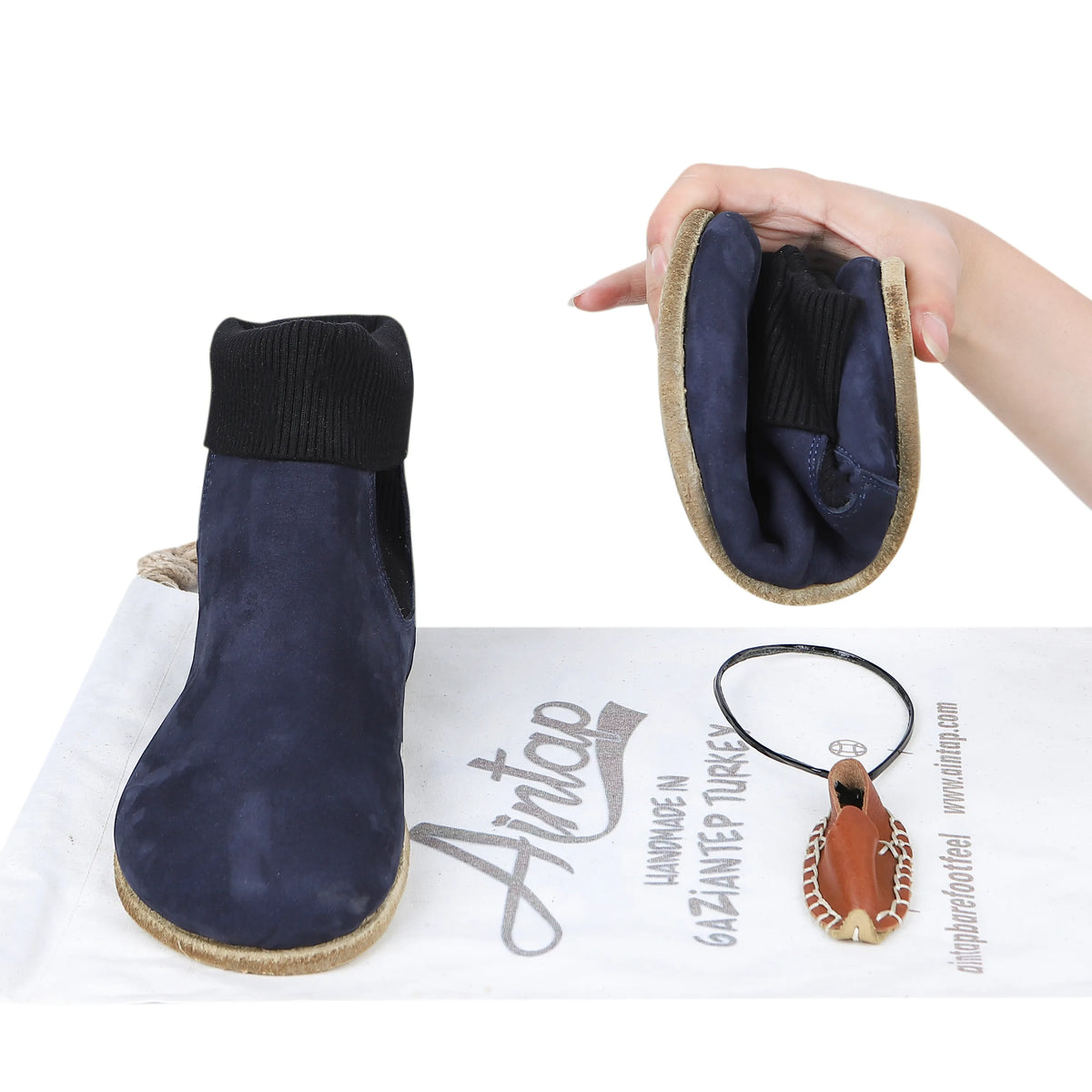 Nubuck Barefoot Socks Chelsea Shoes – Classic Sole — Leather Sole – Navy Blue