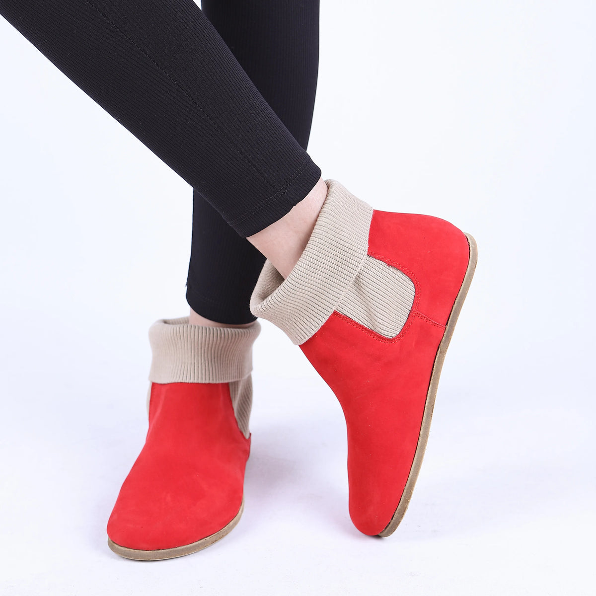 Nubuck Barefoot Socks Chelsea Shoes – Classic Sole — Leather Sole – Red