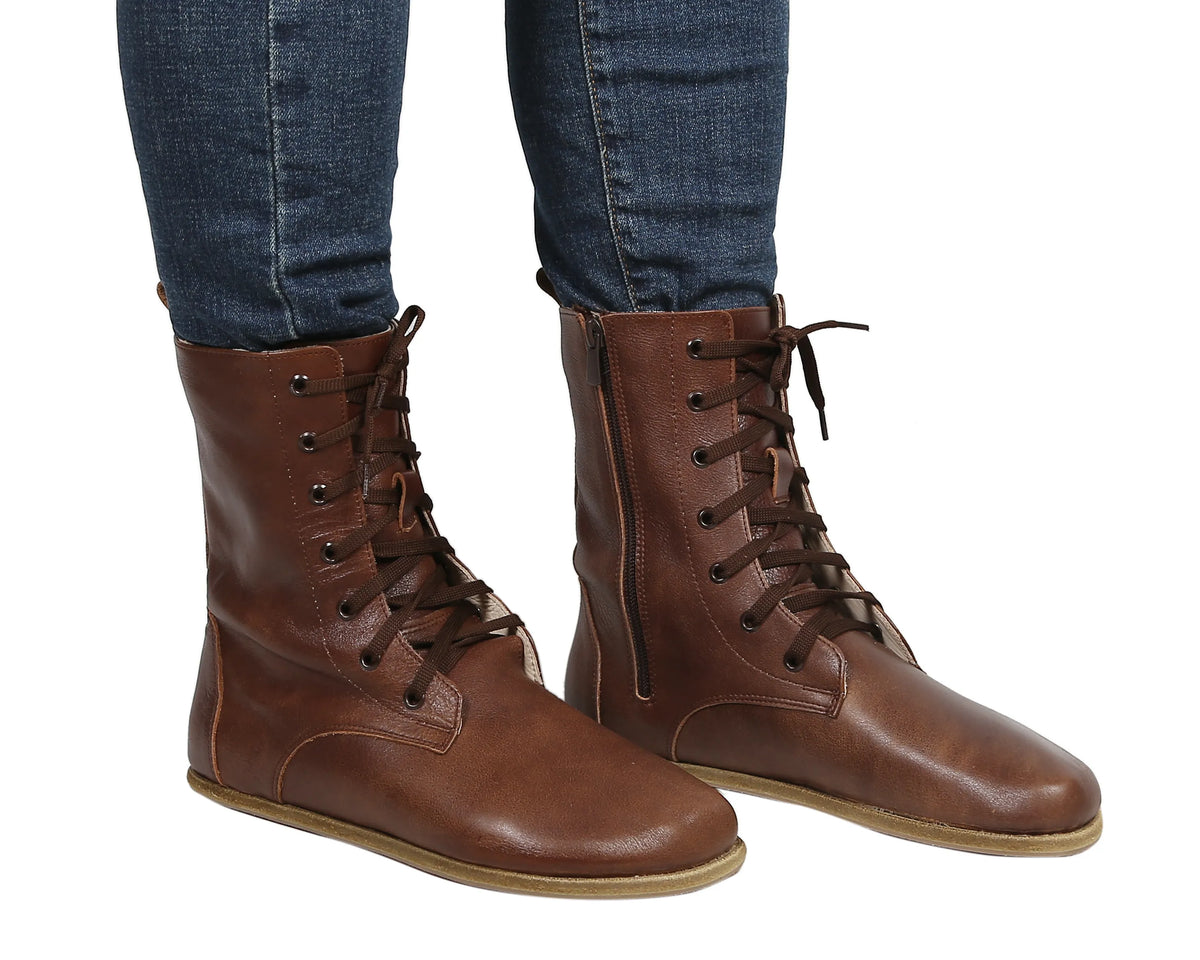 Smooth Barefoot Long Boots Shoes – Classic Sole — Leather Sole – Dark Brown
