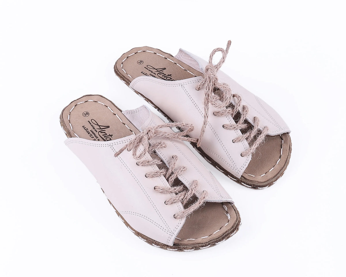 Smooth Barefoot Laces Sandals Shoes — Leather Sole – Cream