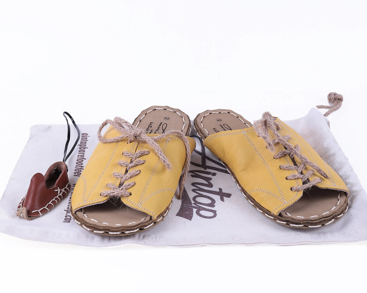 Smooth Barefoot Laces Sandals Shoes — Leather Sole – Yellow