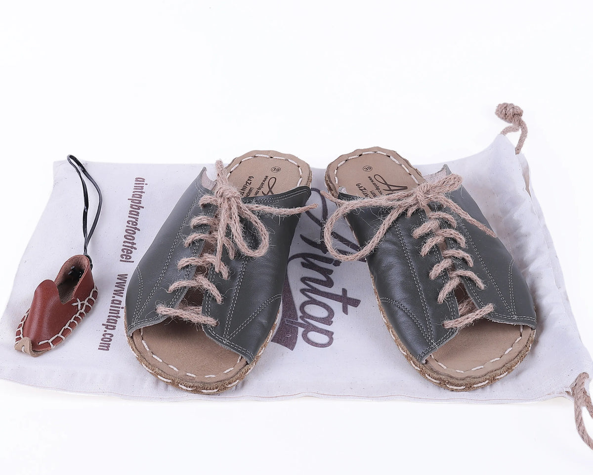 Smooth Barefoot Laces Sandals Shoes — Leather Sole – Olive Green