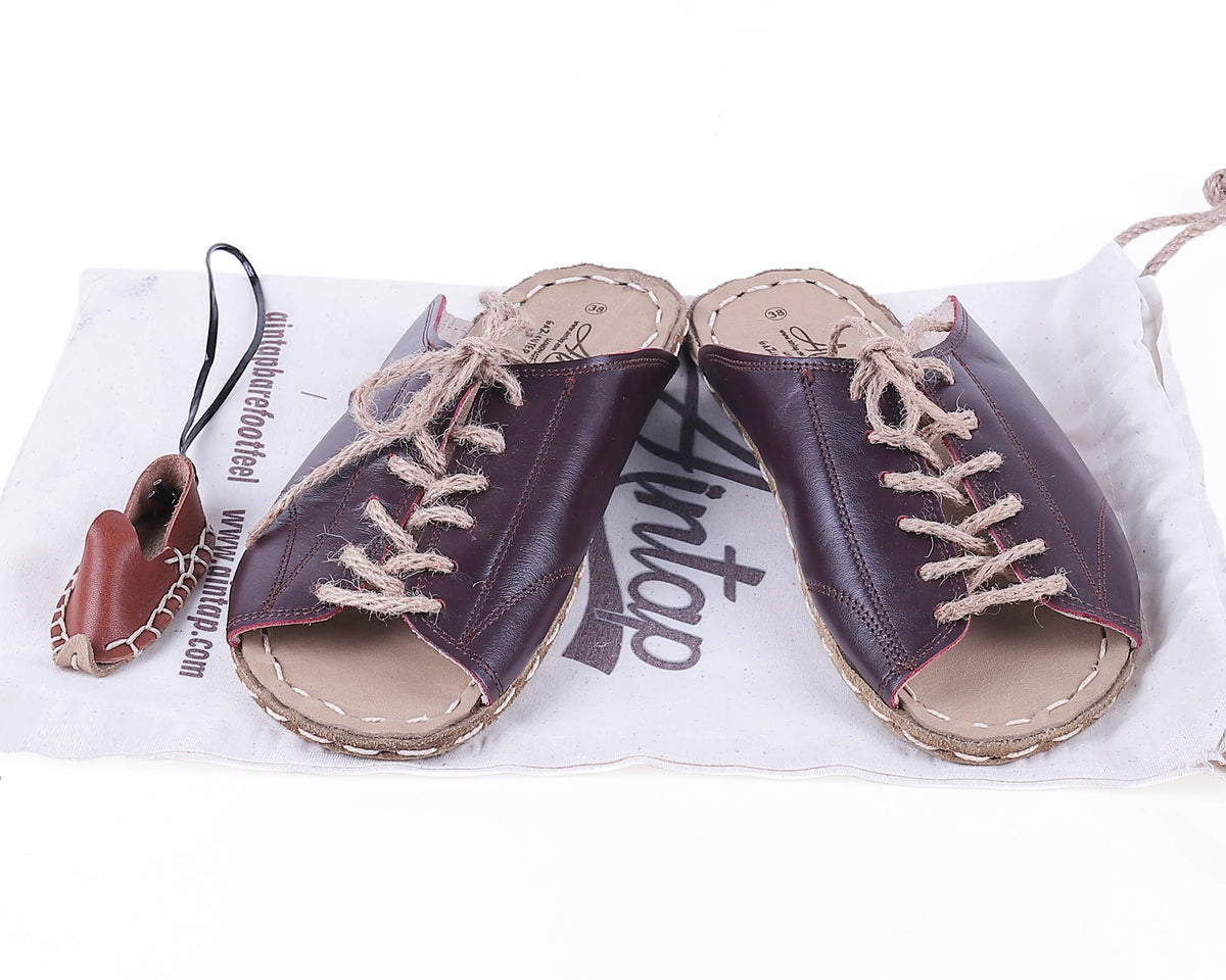 Smooth Barefoot Laces Sandals Shoes — Leather Sole – Burgundy