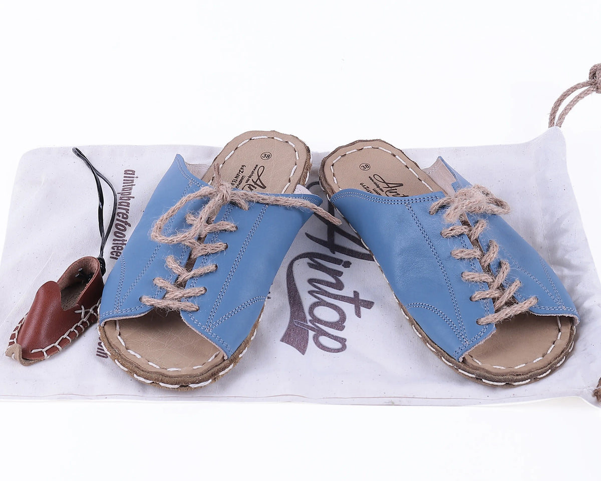 Smooth Barefoot Laces Sandals Shoes — Leather Sole – Bright Blue