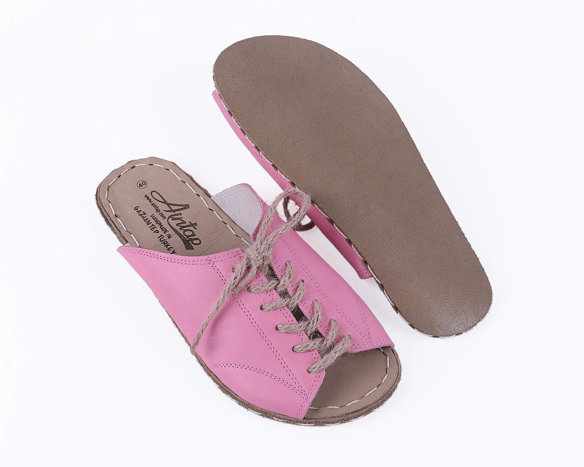 Smooth Barefoot Laces Sandals Shoes — Leather Sole – Pink