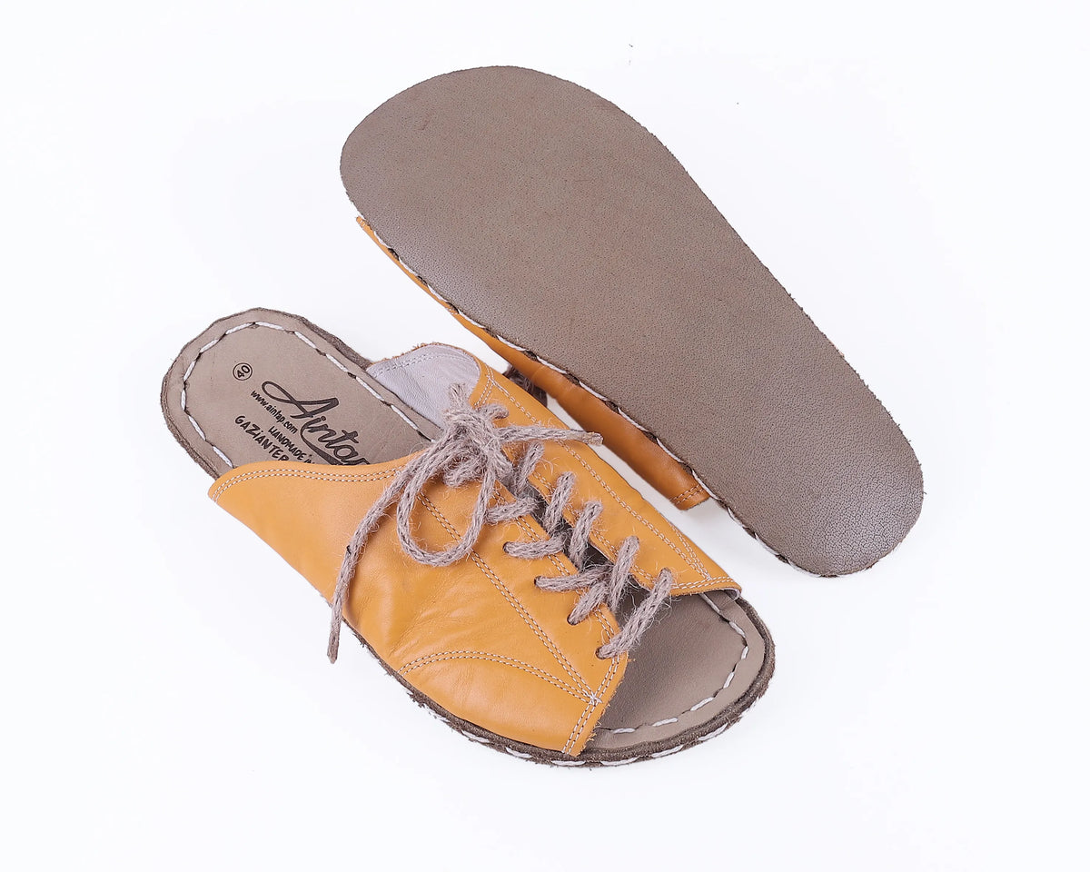 Smooth Barefoot Laces Sandals Shoes — Leather Sole – Mustard