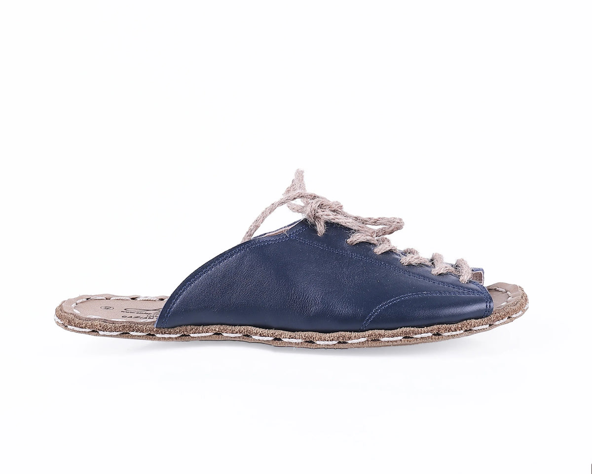 Smooth Barefoot Laces Sandals Shoes — Leather Sole – Navy Blue