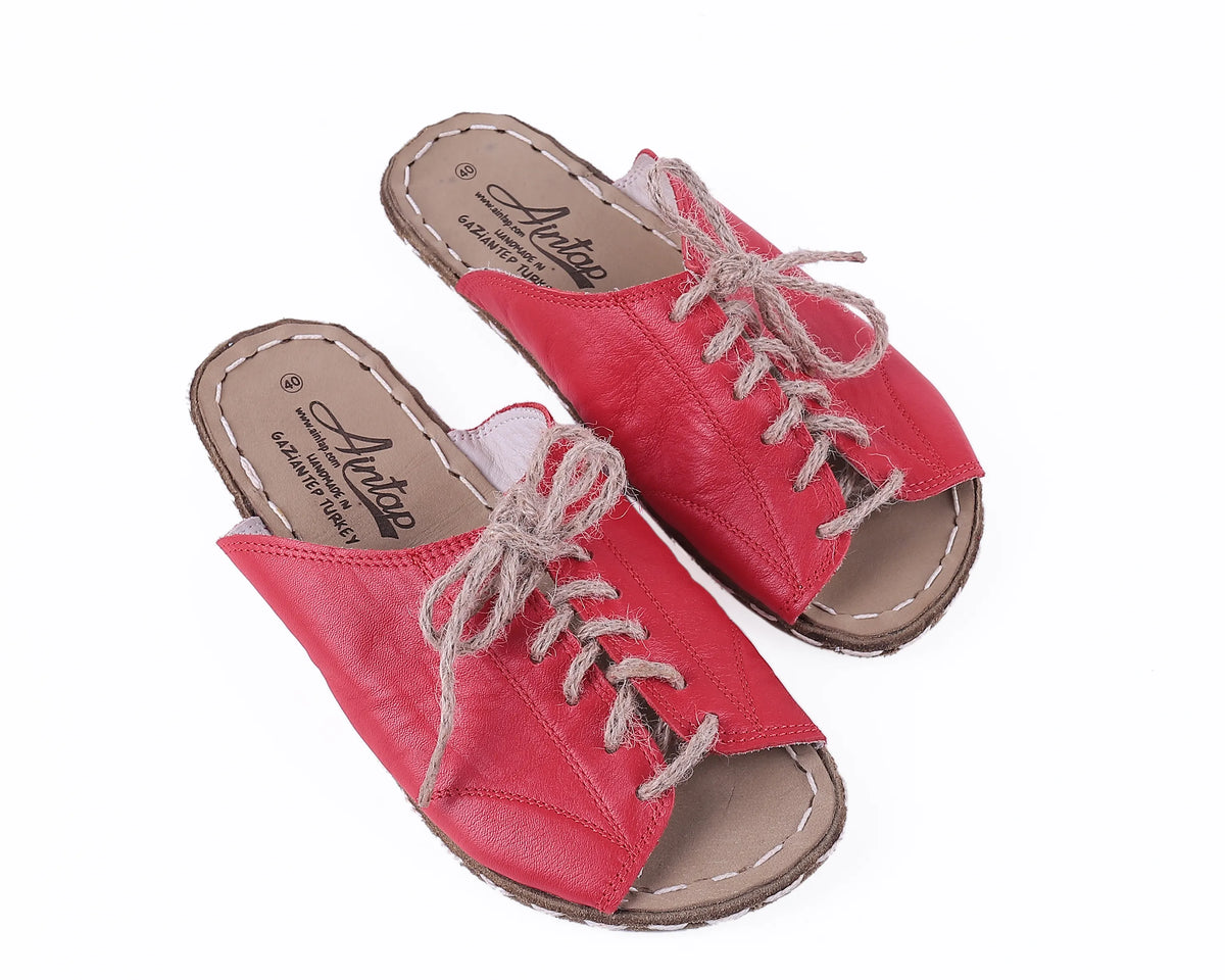 Smooth Barefoot Laces Sandals Shoes — Leather Sole – Red