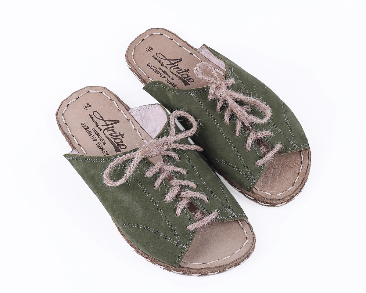 Nubuck Barefoot Laces Sandals Shoes — Leather Sole – Green