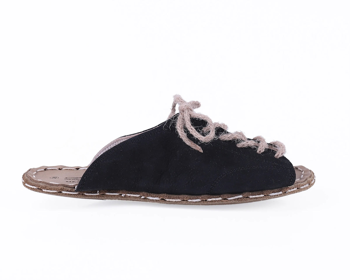 Nubuck Barefoot Laces Sandals Shoes — Leather Sole – Black