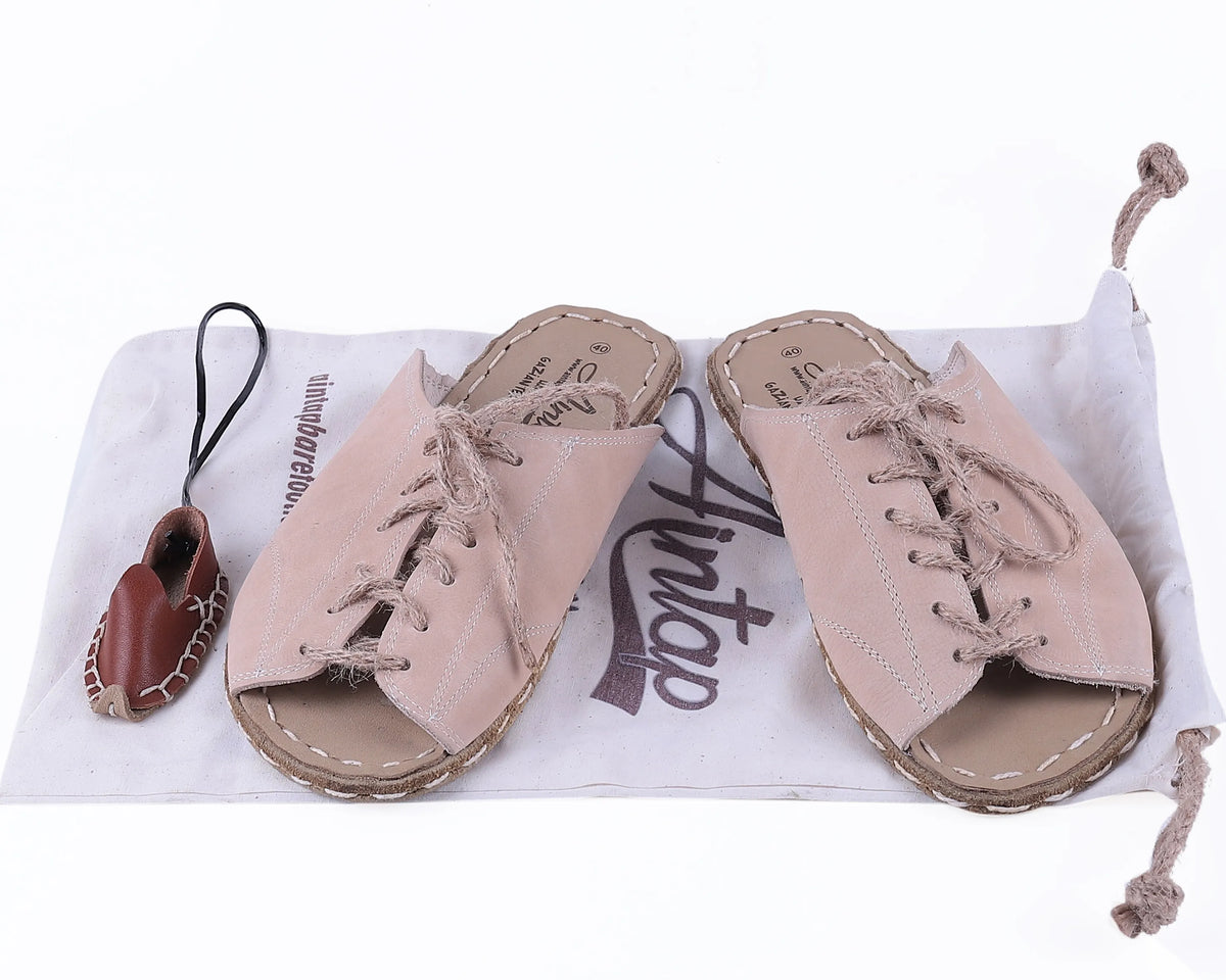 Nubuck Barefoot Laces Sandals Shoes — Leather Sole – Cream