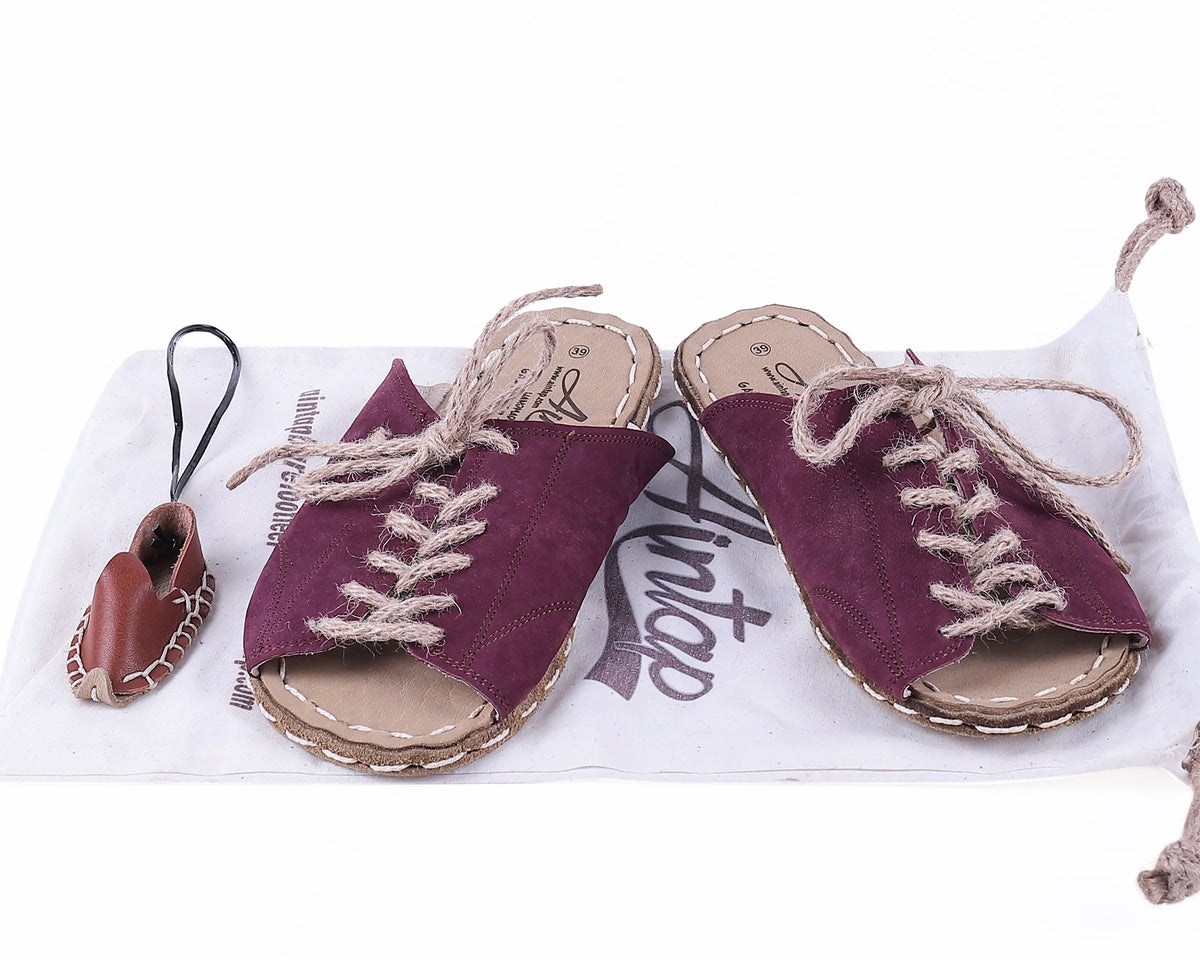Nubuck Barefoot Laces Sandals Shoes — Leather Sole – Burgundy
