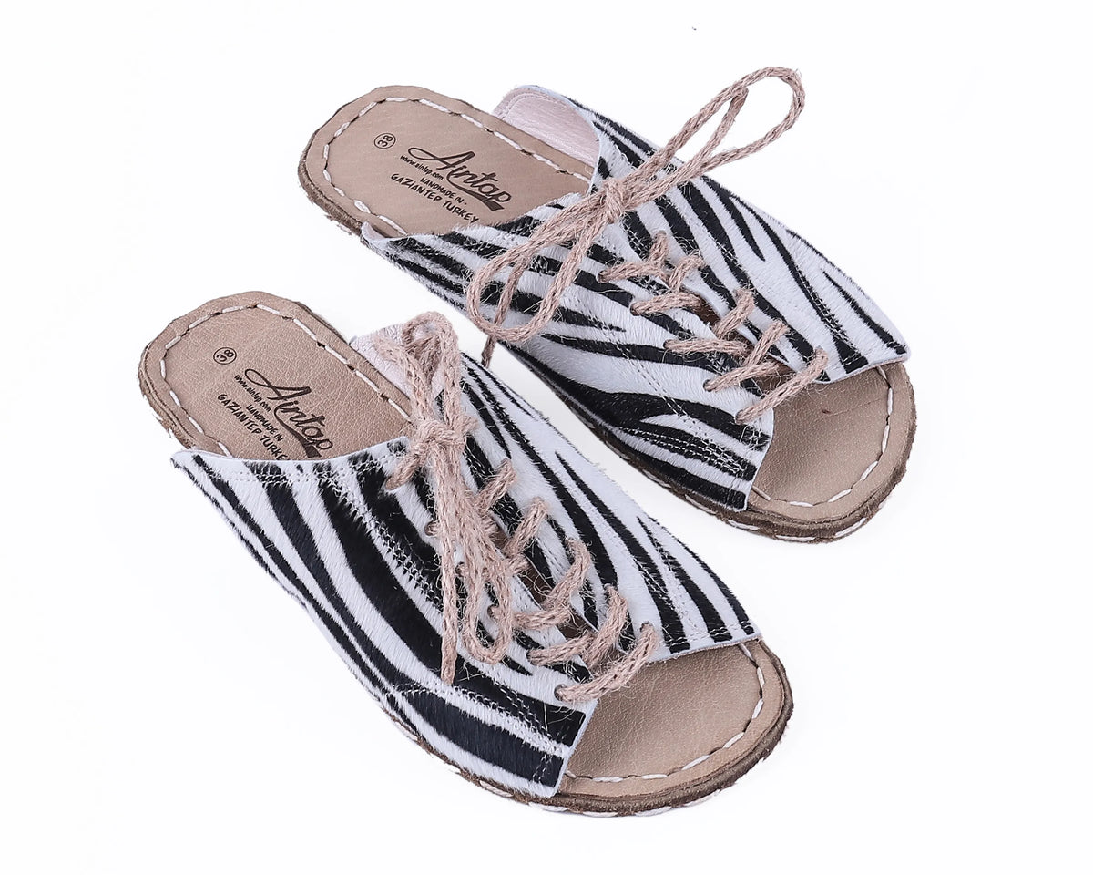 Hair Barefoot Laces Sandals Shoes — Leather Sole – Zebra