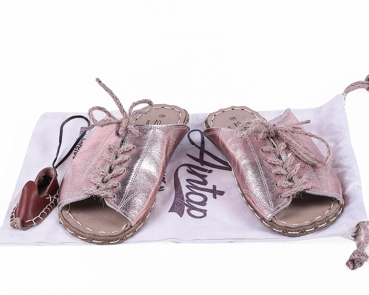 Bright Barefoot Laces Sandals Shoes — Leather Sole – Rose Gold