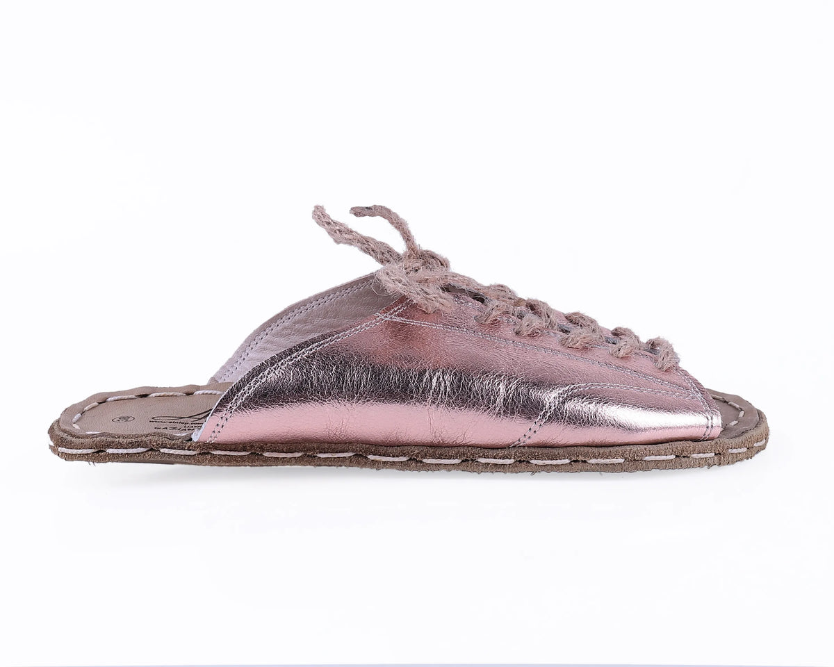 Bright Barefoot Laces Sandals Shoes — Leather Sole – Rose Gold