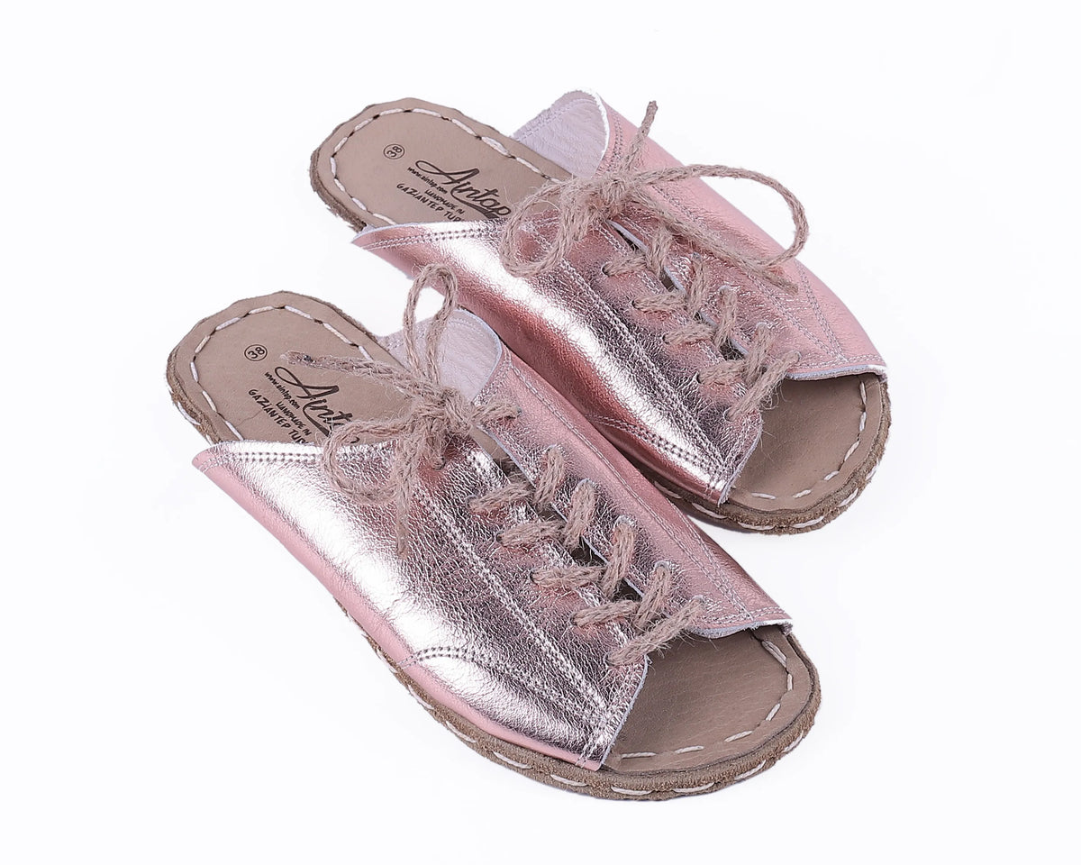 Bright Barefoot Laces Sandals Shoes — Leather Sole – Rose Gold