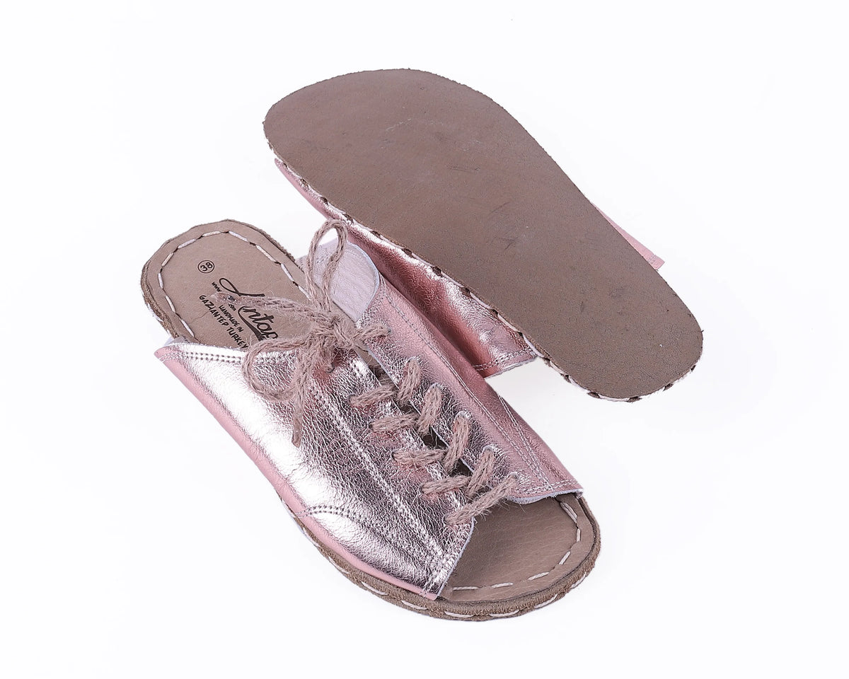 Bright Barefoot Laces Sandals Shoes — Leather Sole – Rose Gold