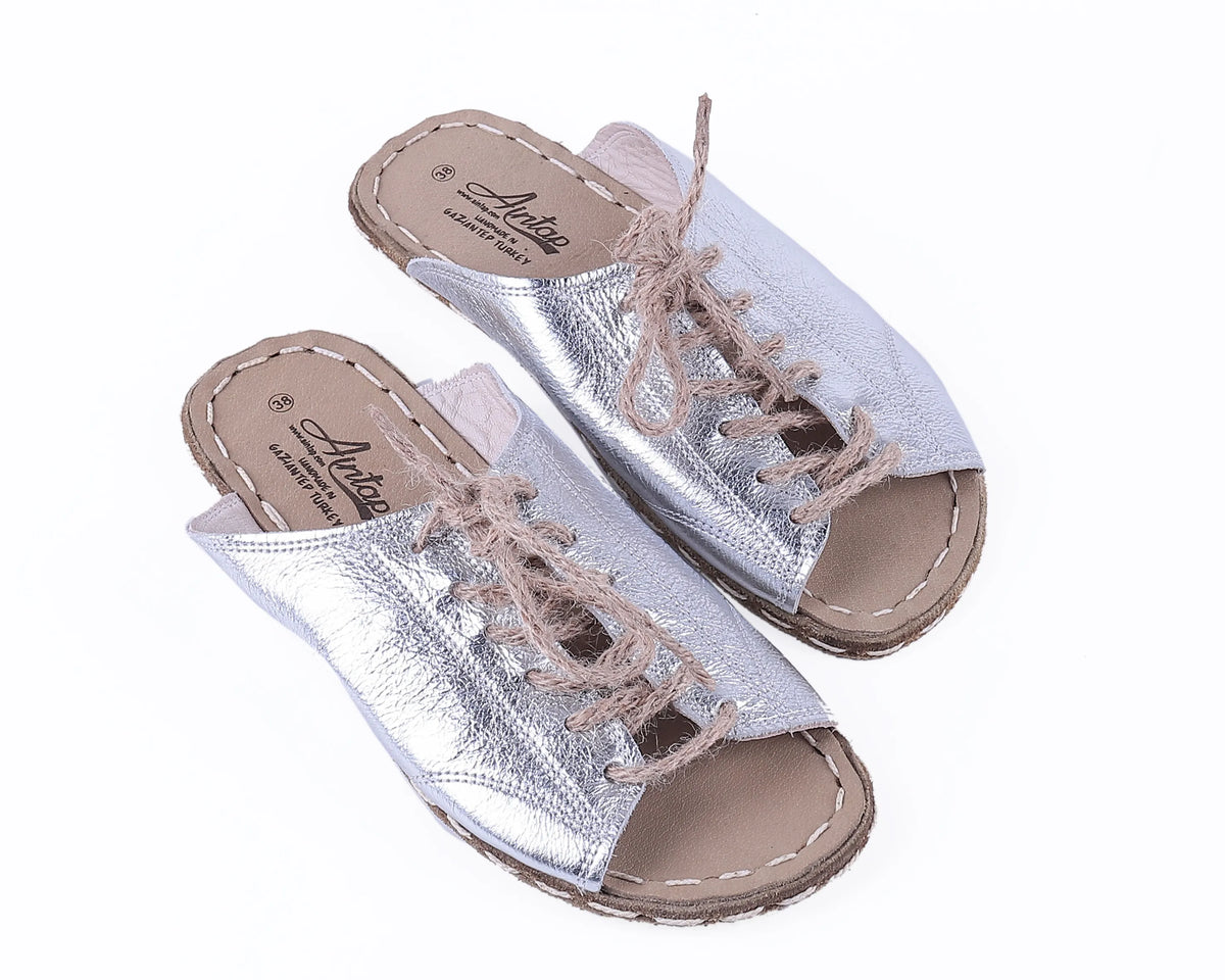 Bright Barefoot Laces Sandals Shoes — Leather Sole – Silver