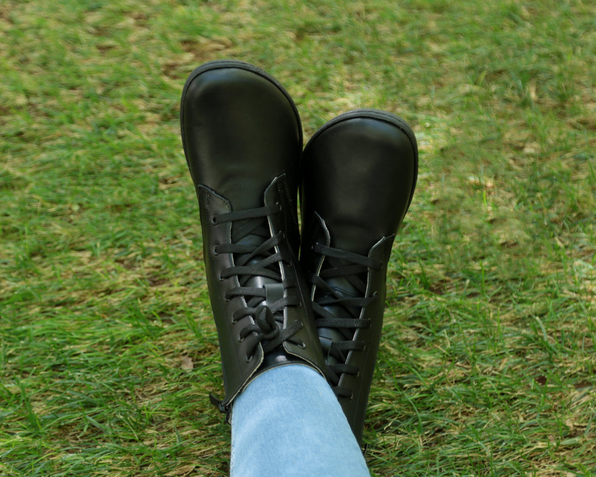 Black Long Zipper Boots Wide Barefoot Shoes Smooth Leather Handmade 6mm Rubber Outsole Long Boots Rubber Outsole