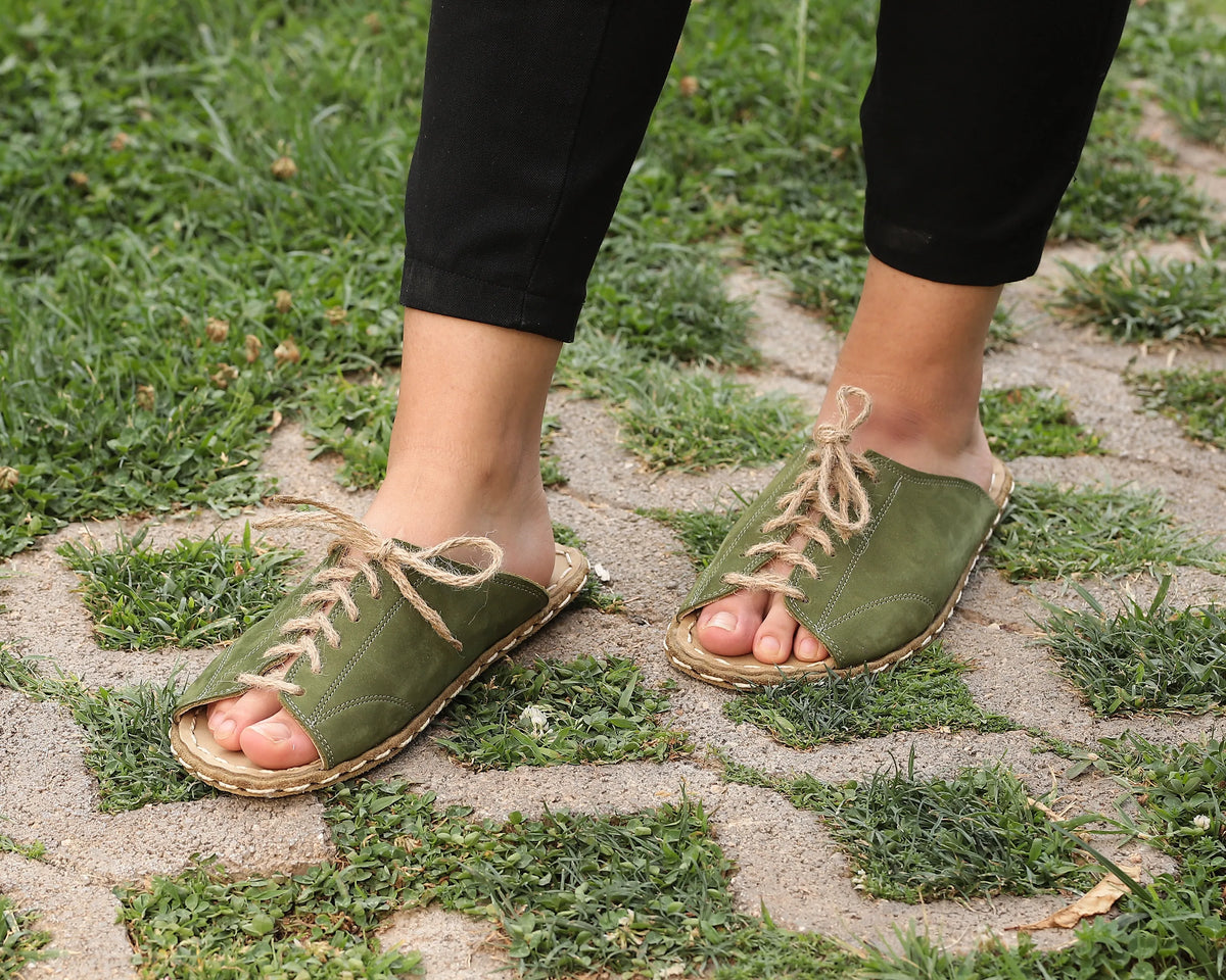 Nubuck Barefoot Laces Sandals Shoes — Leather Sole – Green