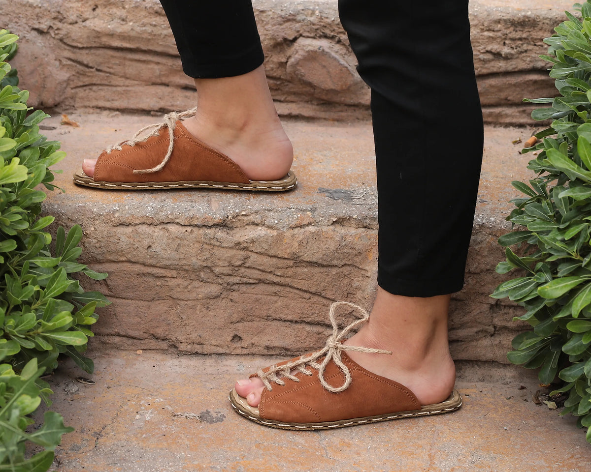 Nubuck Barefoot Laces Sandals Shoes — Leather Sole – Tan