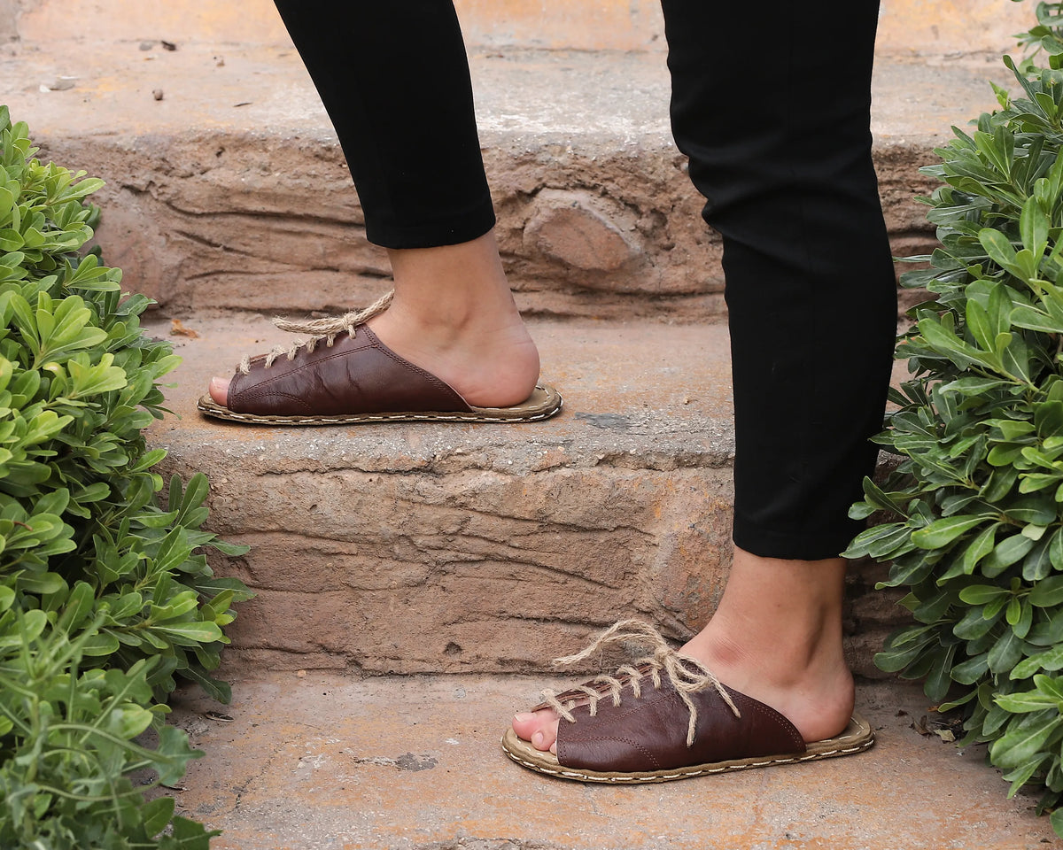 Smooth Barefoot Laces Sandals Shoes — Leather Sole – Dark Brown