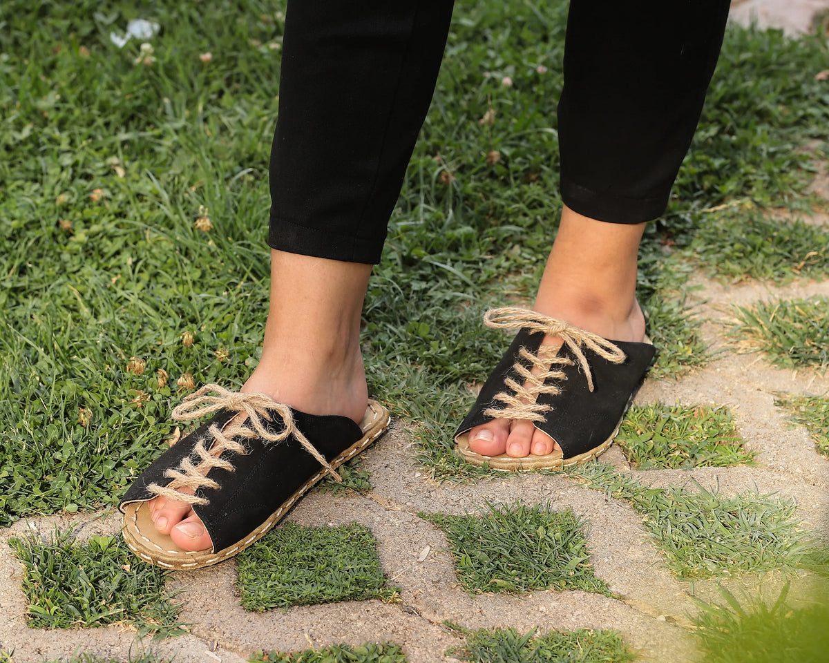 Nubuck Barefoot Laces Sandals Shoes — Leather Sole – Black