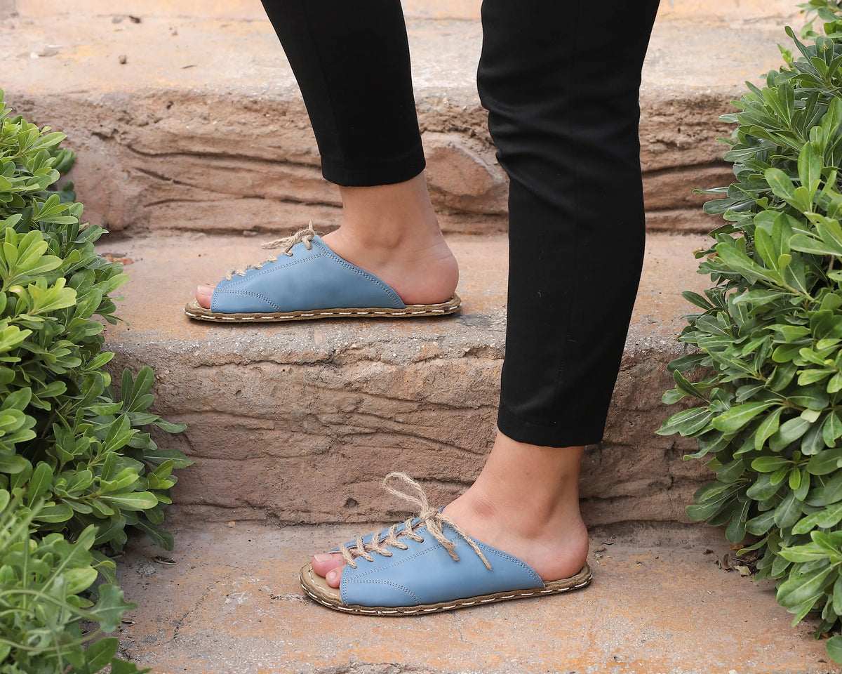 Smooth Barefoot Laces Sandals Shoes — Leather Sole – Bright Blue
