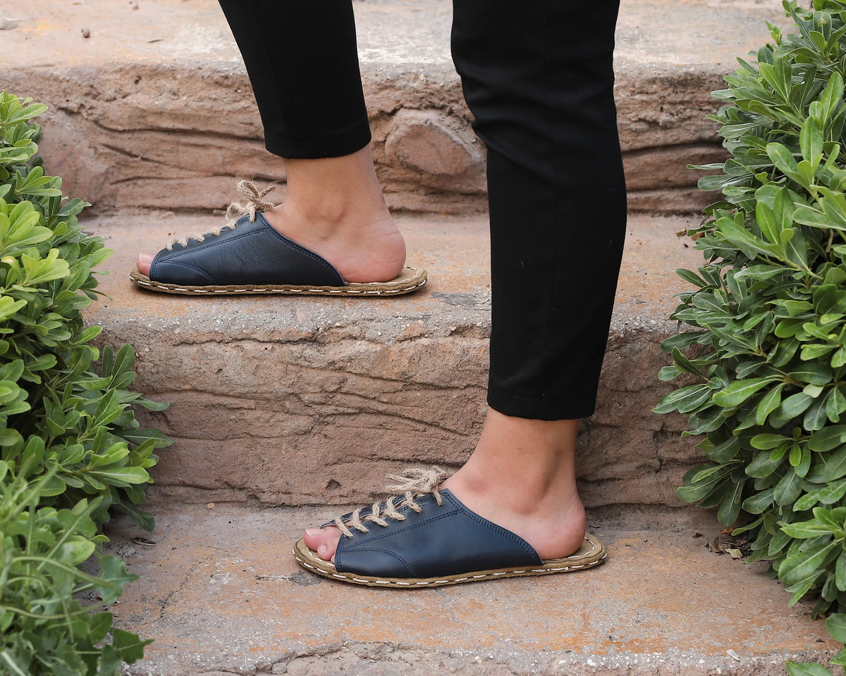 Smooth Barefoot Laces Sandals Shoes — Leather Sole – Navy Blue