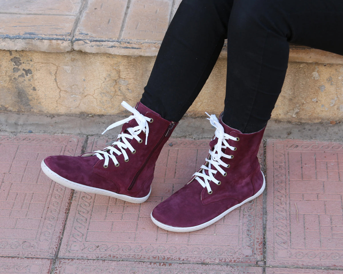 Nubuck Barefoot Long Boots Shoes – 6mm Rubber Sole – Burgundy