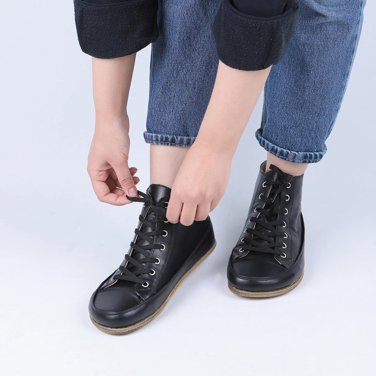 Smooth Barefoot Long Boots Converse Shoes – Classic Sole — Leather Sole – Full Black