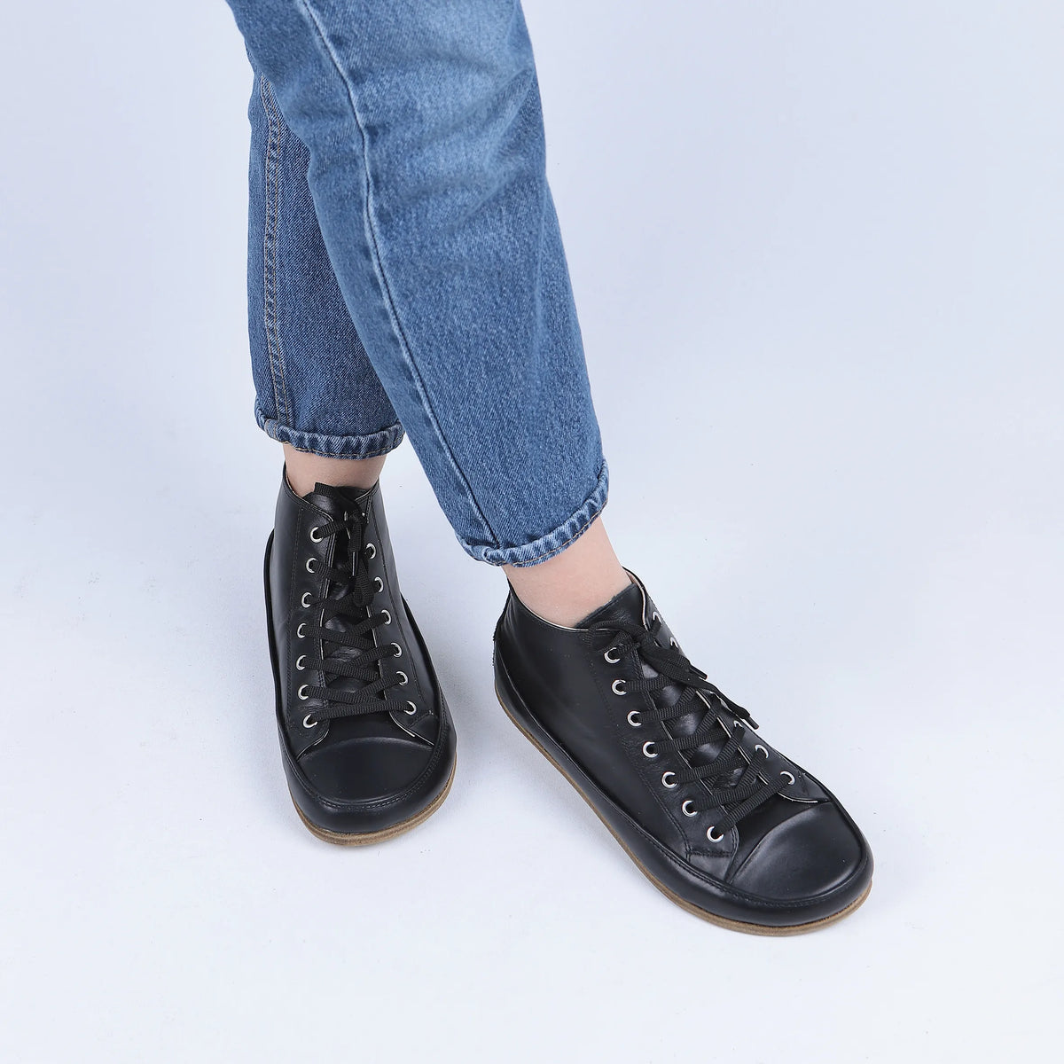 Smooth Barefoot Long Boots Converse Shoes – Classic Sole — Leather Sole – Full Black