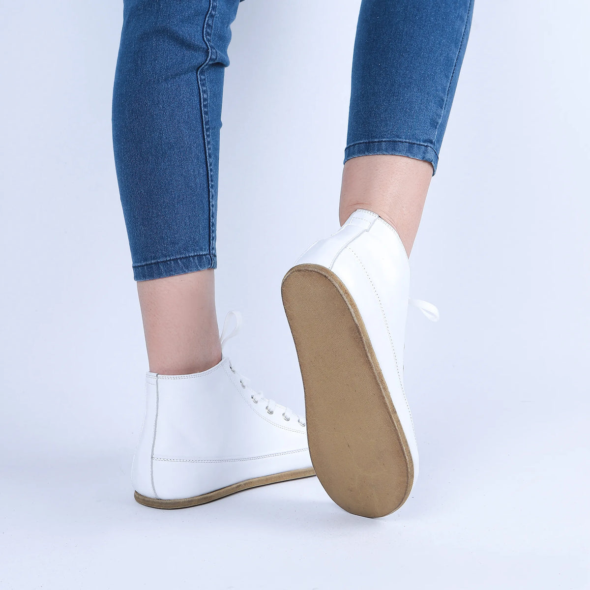 Smooth Barefoot Long Boots Converse Shoes – Classic Sole — Leather Sole – Full White