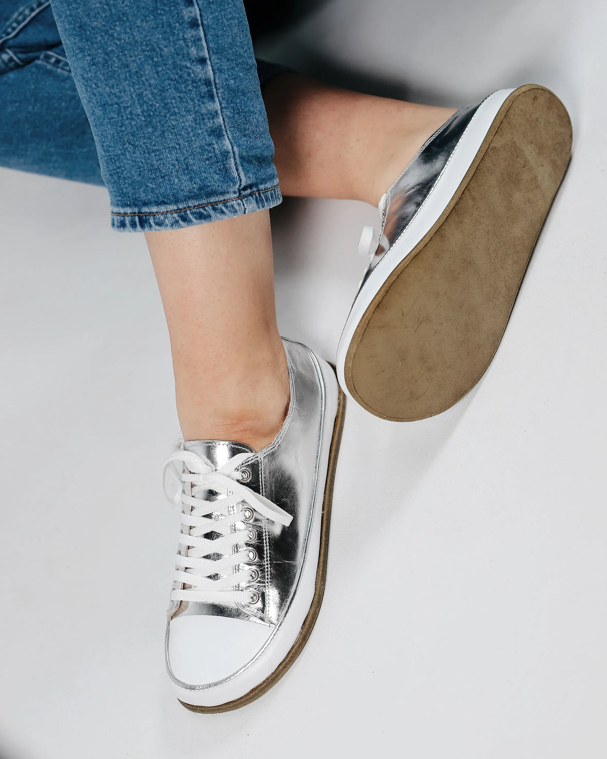 Bright Barefoot Converse Shoes – Classic Sole — Leather Sole – Silver