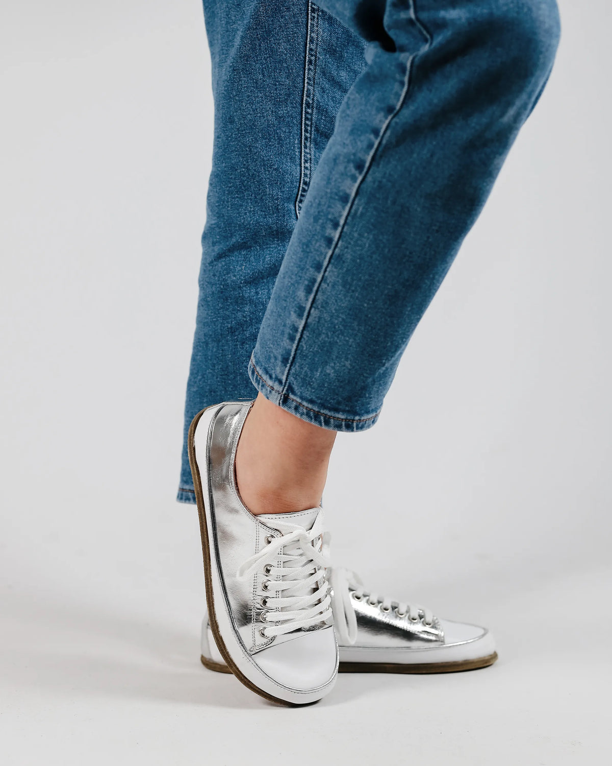 Bright Barefoot Converse Shoes – Classic Sole — Leather Sole – Silver