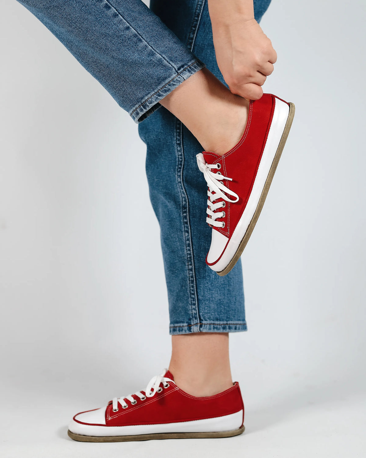 Nubuck Barefoot Converse Shoes – Classic Sole — Leather Sole – Red