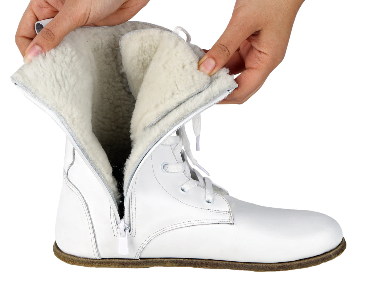 Smooth Barefoot Shearling Long Boots Shoes – Classic Sole — Leather Sole – White