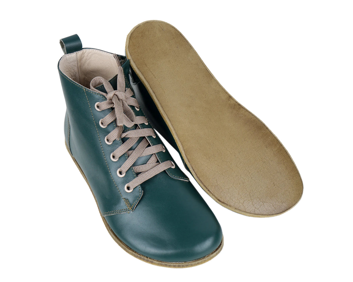 Smooth Barefoot Laces Short Boots Shoes – Classic Sole — Leather Sole – Green