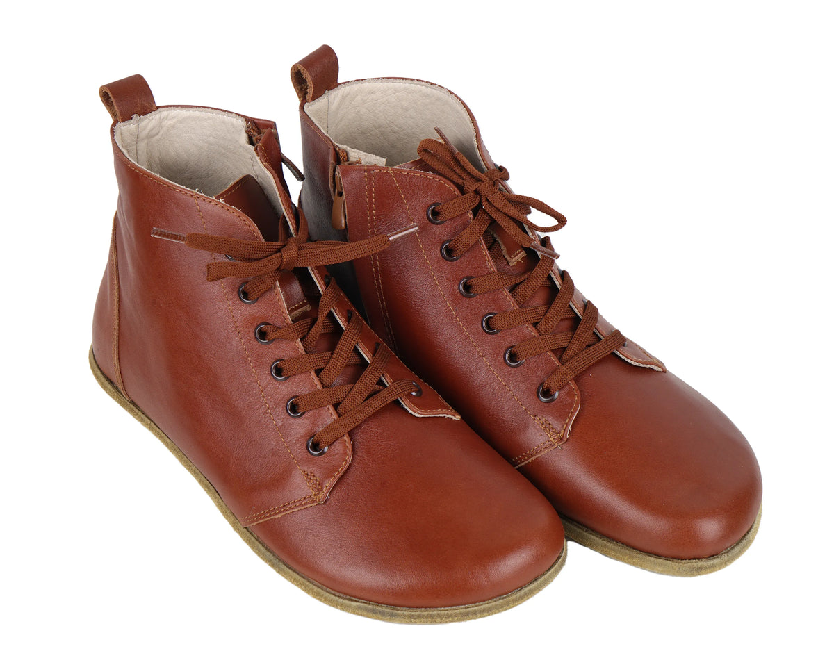 Smooth Barefoot Laces Short Boots Shoes – Classic Sole — Leather Sole – Brown