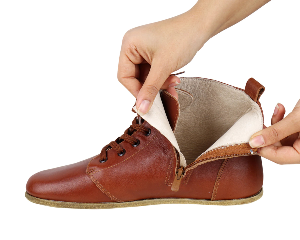 Smooth Barefoot Laces Short Boots Shoes – Classic Sole — Leather Sole – Brown