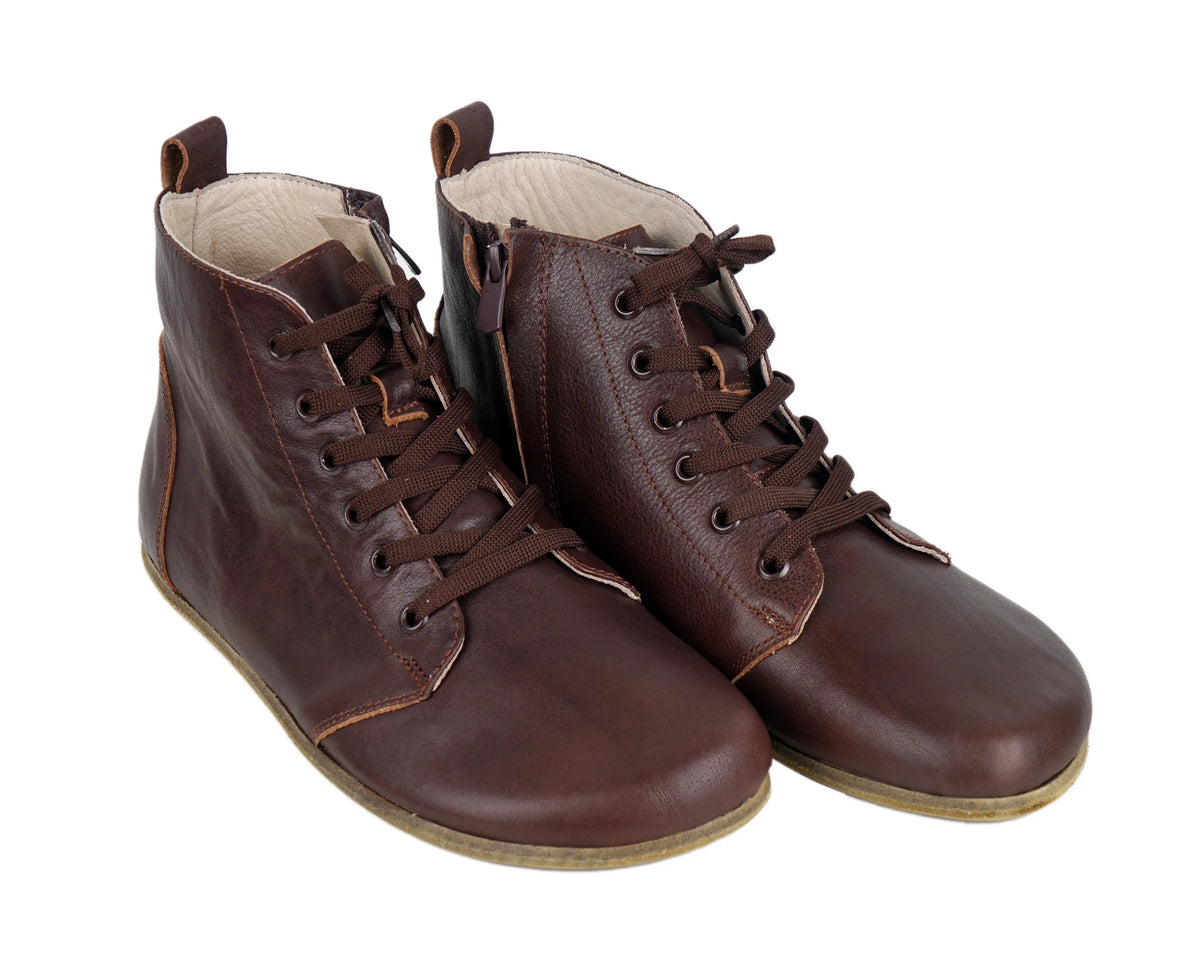 Smooth Barefoot Laces Short Boots Shoes – Classic Sole — Leather Sole – Dark Brown