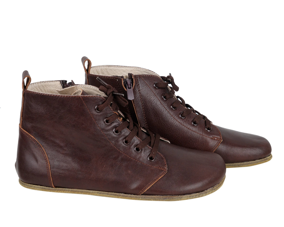 Smooth Barefoot Laces Short Boots Shoes – Classic Sole — Leather Sole – Dark Brown