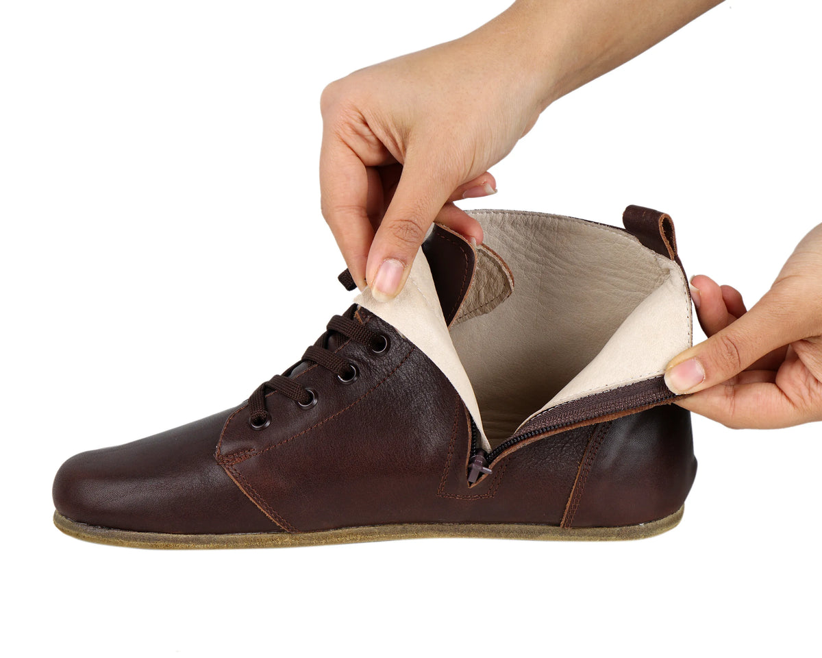Smooth Barefoot Laces Short Boots Shoes – Classic Sole — Leather Sole – Dark Brown