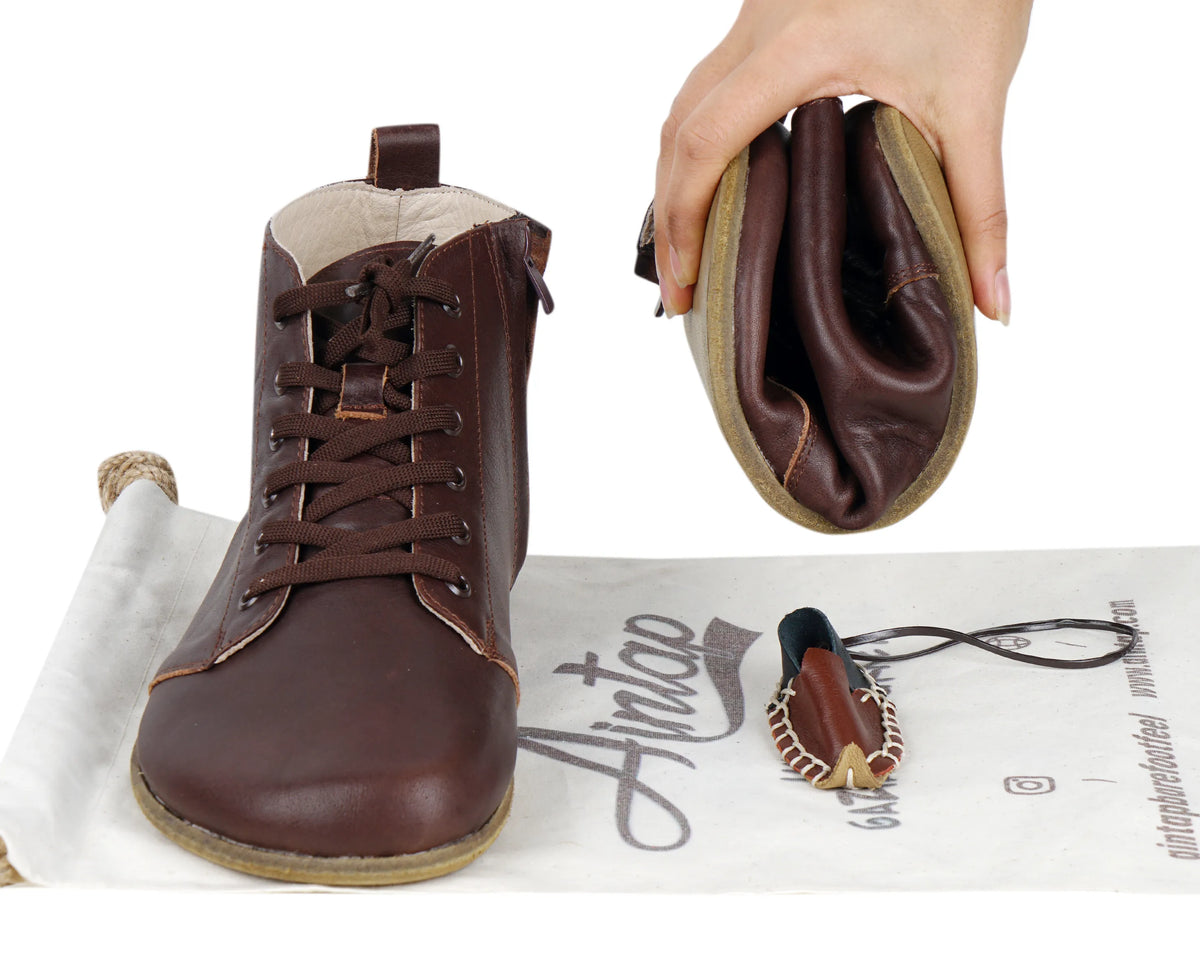 Smooth Barefoot Laces Short Boots Shoes – Classic Sole — Leather Sole – Dark Brown