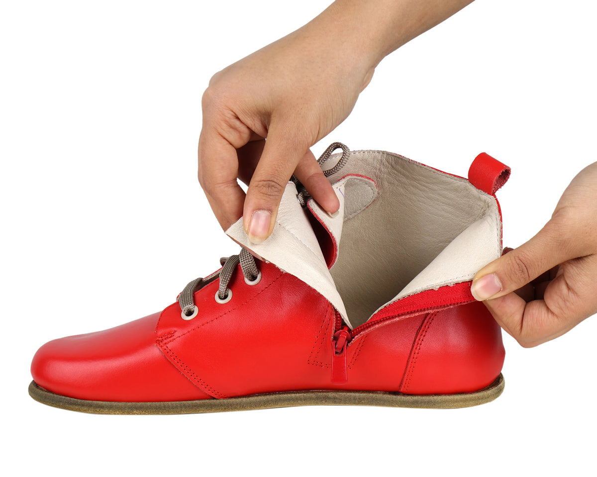 Smooth Barefoot Laces Short Boots Shoes – Classic Sole — Leather Sole – Red