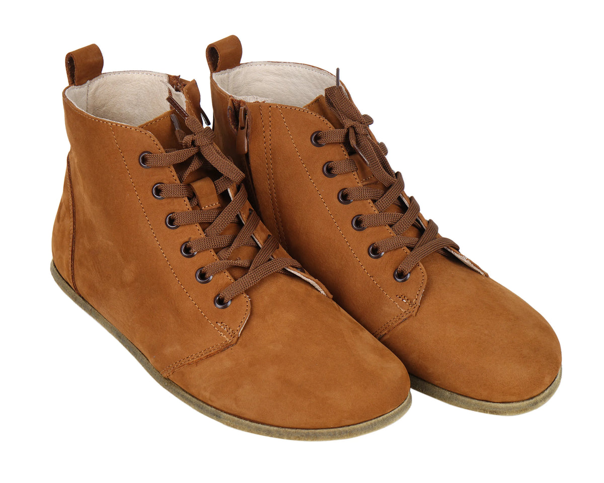 Nubuck Barefoot Laces Short Boots Shoes – Classic Sole — Leather Sole – Tan