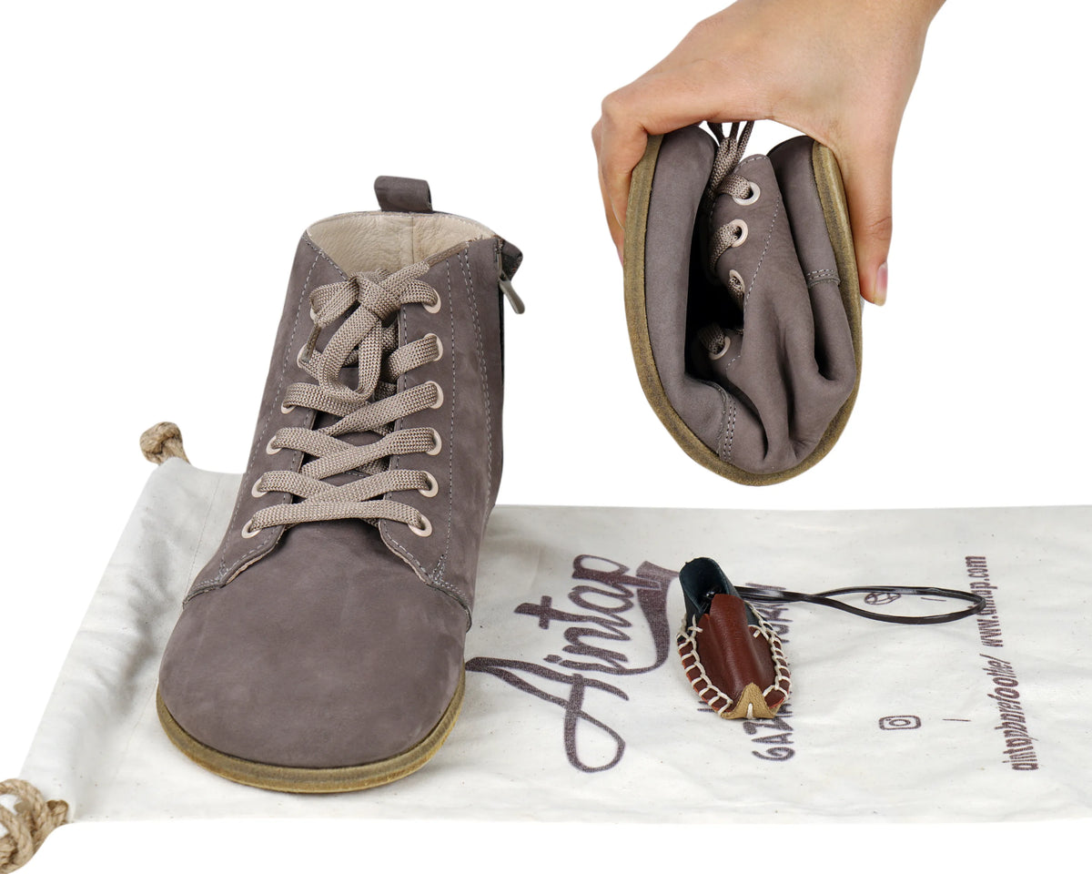 Nubuck Barefoot Laces Short Boots Shoes – Classic Sole — Leather Sole – Gray